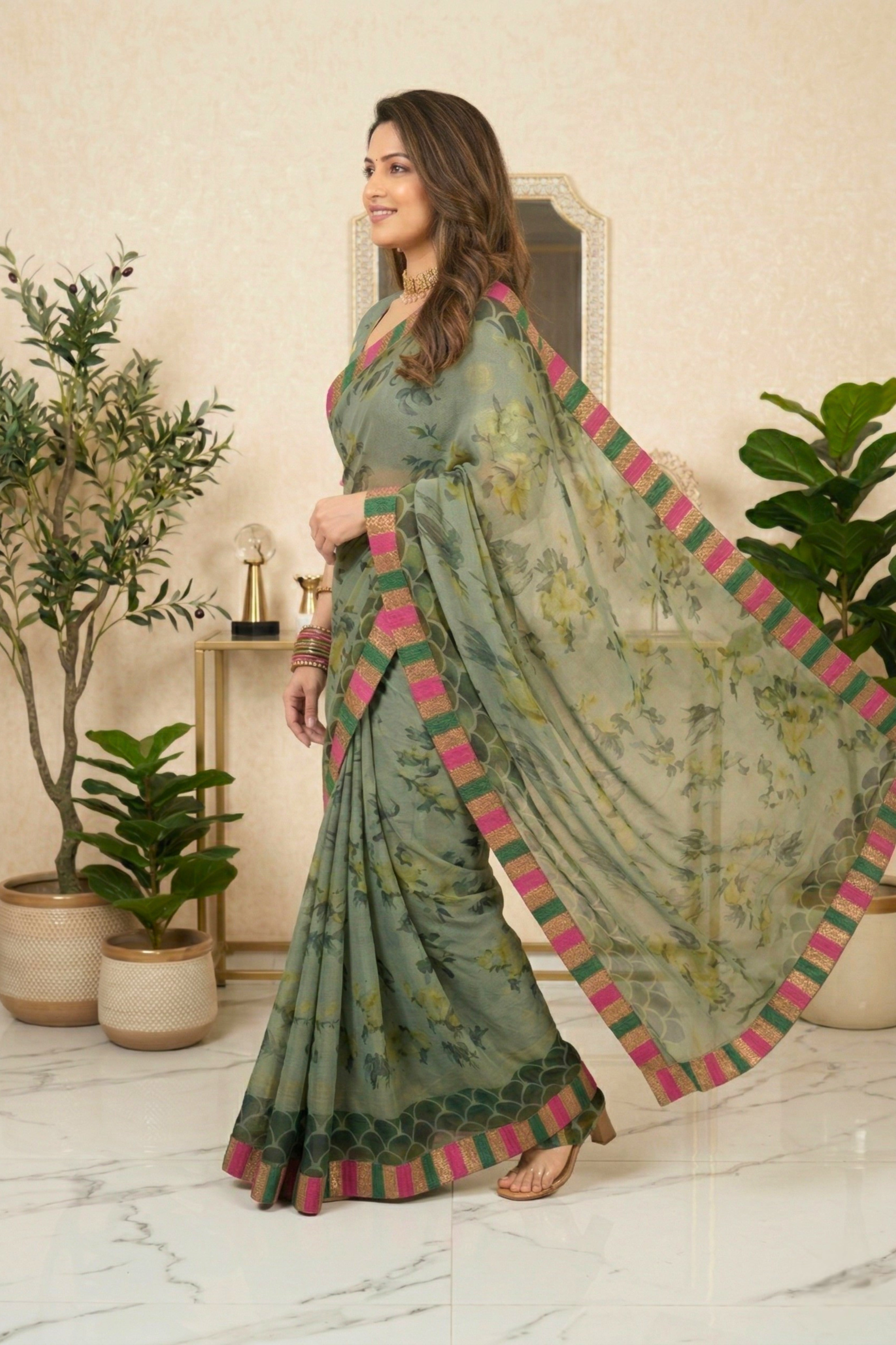 Sage Green Vintage Floral Chiffon Saree with Striped Border