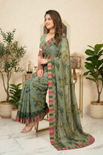 Sage Green Vintage Floral Chiffon Saree with Striped Border
