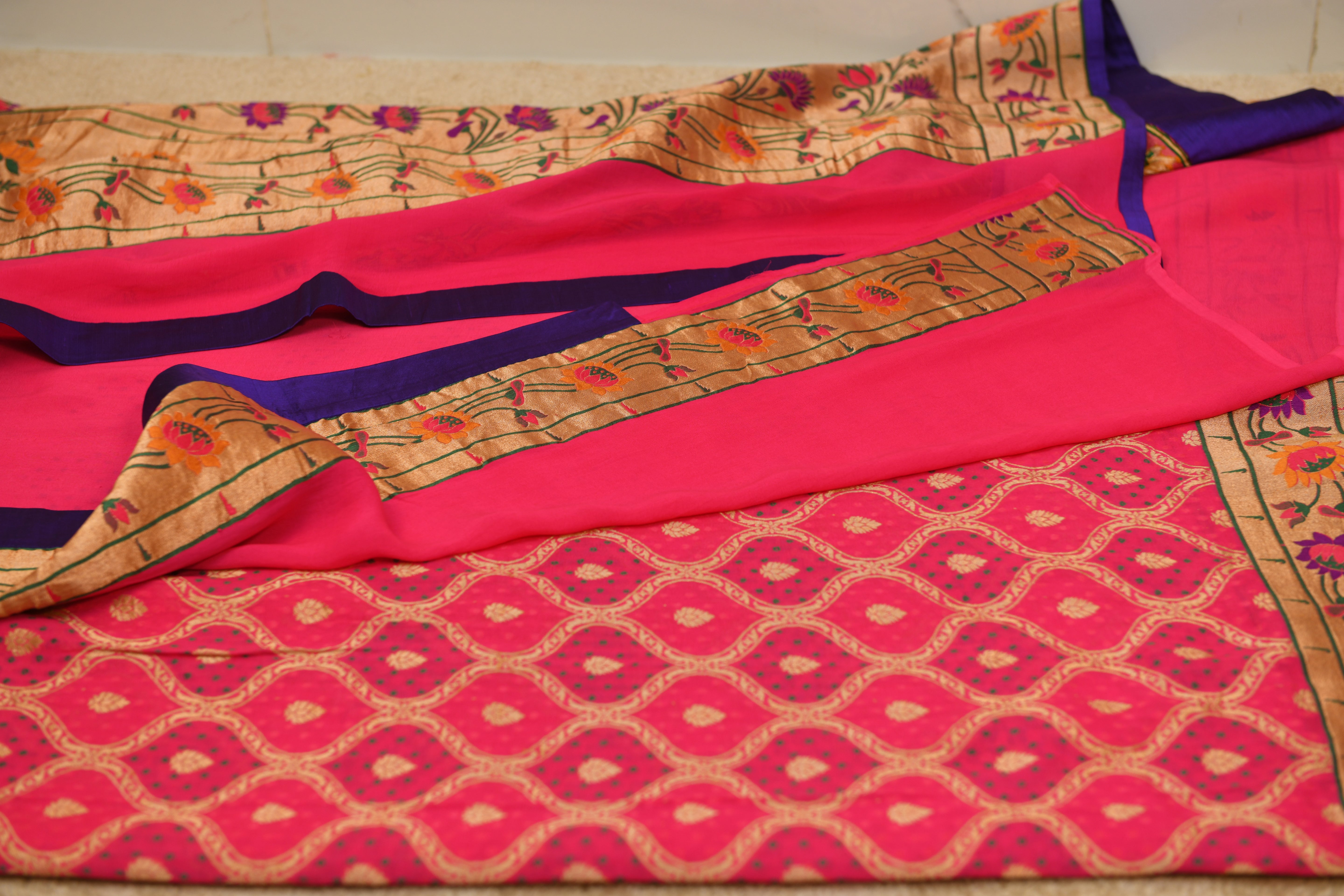 Vibrant Mithai Pink Bandhani Paithani Banarasi Georgette Saree