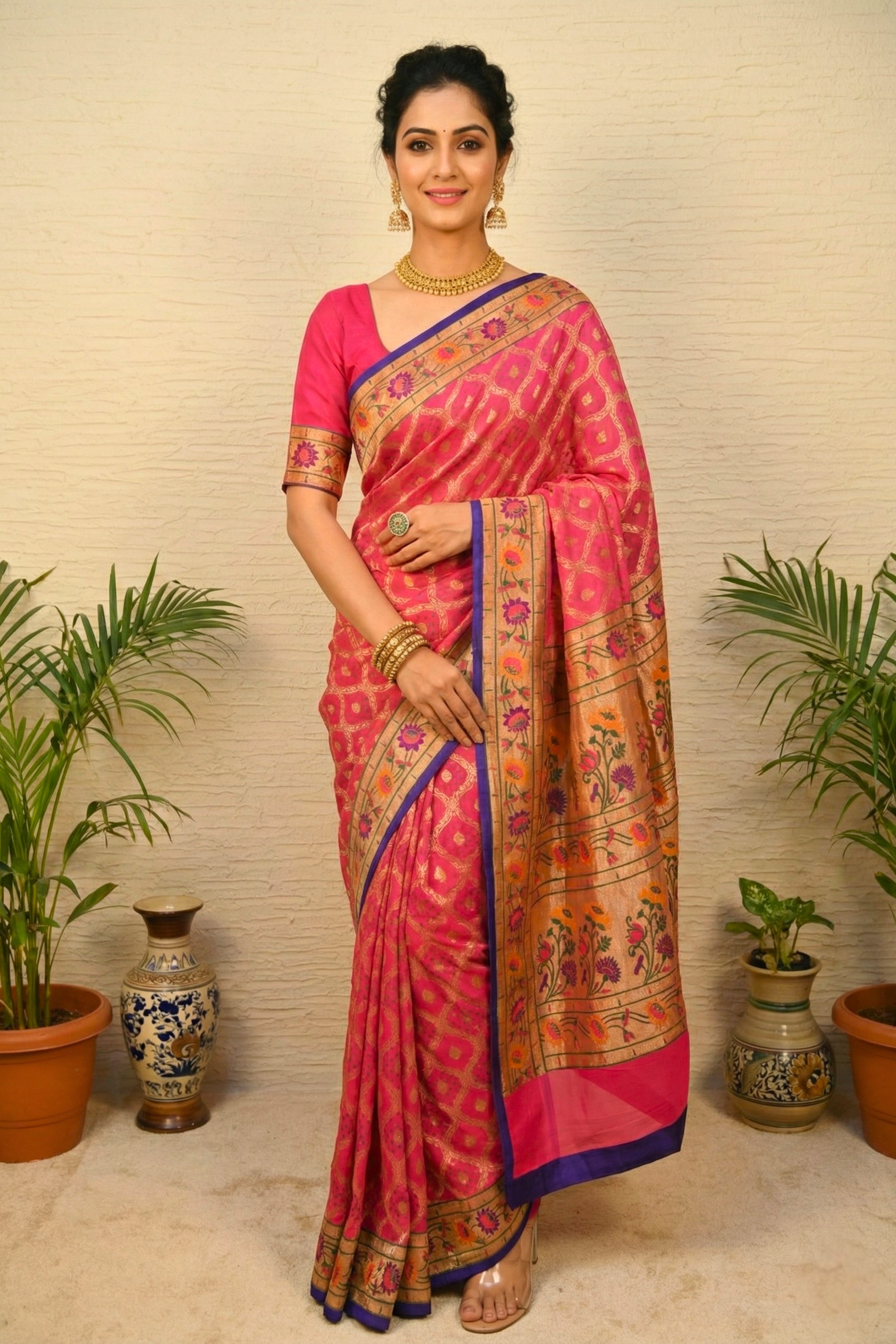 Vibrant Mithai Pink Bandhani Paithani Banarasi Georgette Saree
