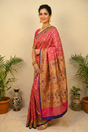Vibrant Mithai Pink Bandhani Paithani Banarasi Georgette Saree