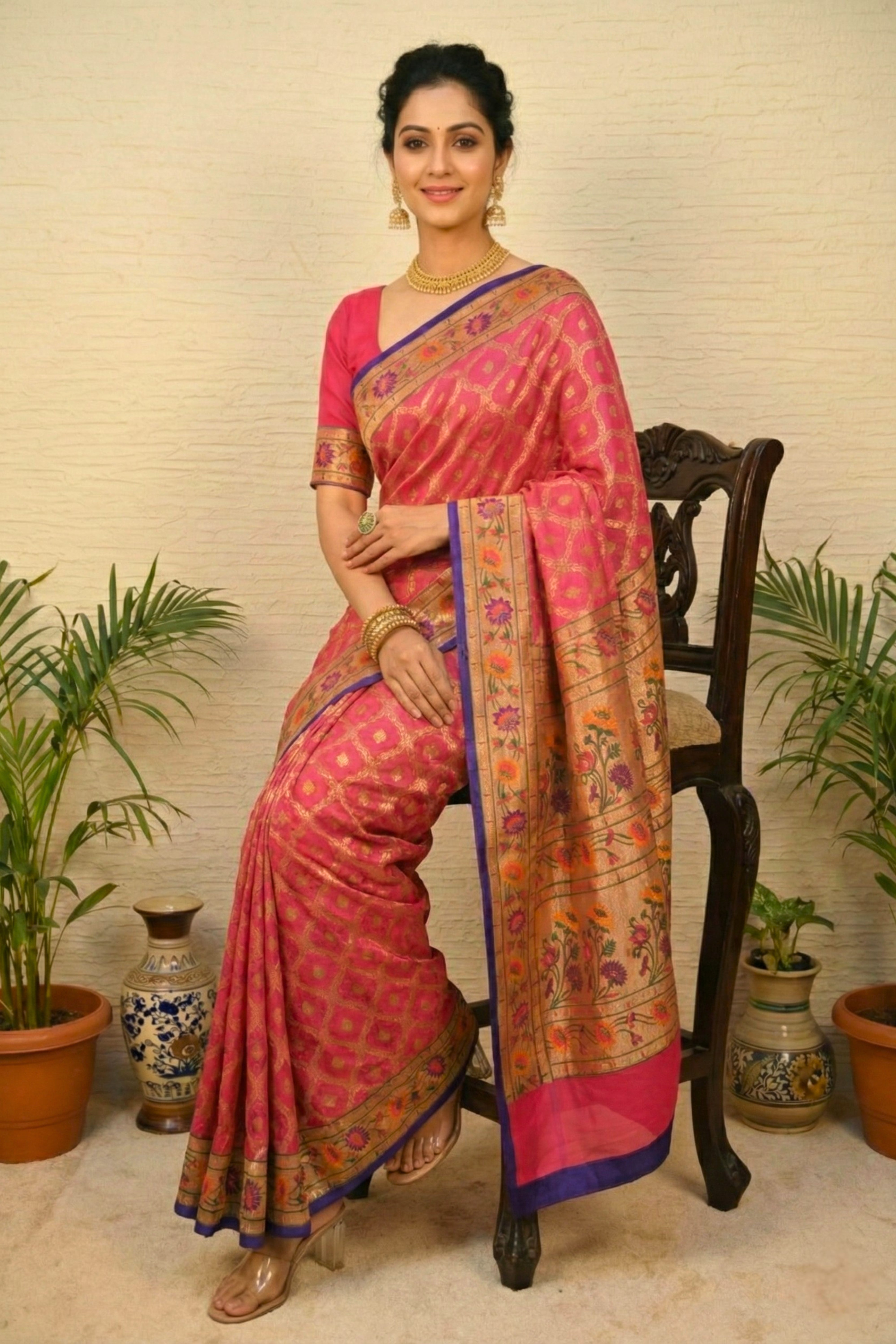Vibrant Mithai Pink Bandhani Paithani Banarasi Georgette Saree