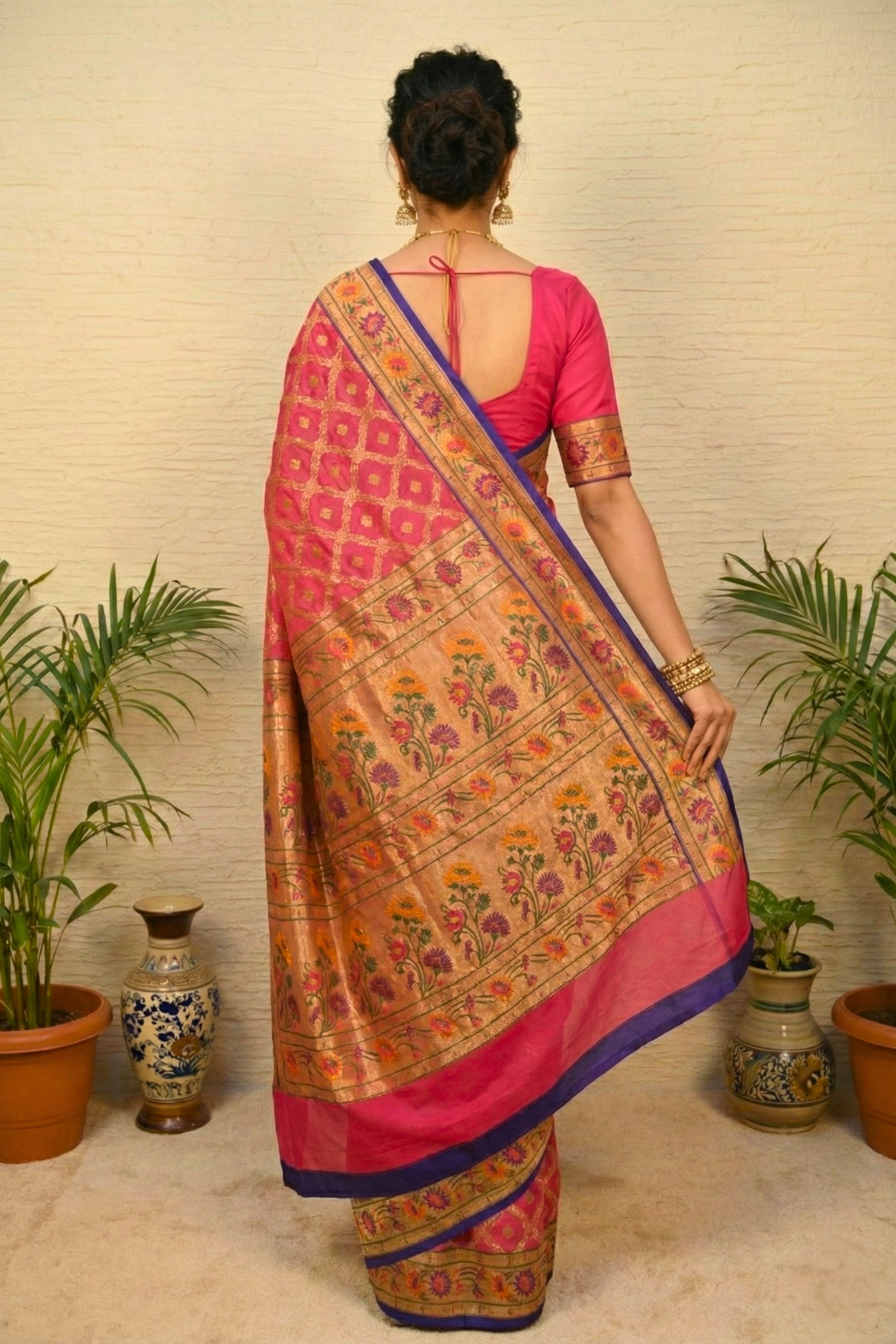 Vibrant Mithai Pink Bandhani Paithani Banarasi Georgette Saree