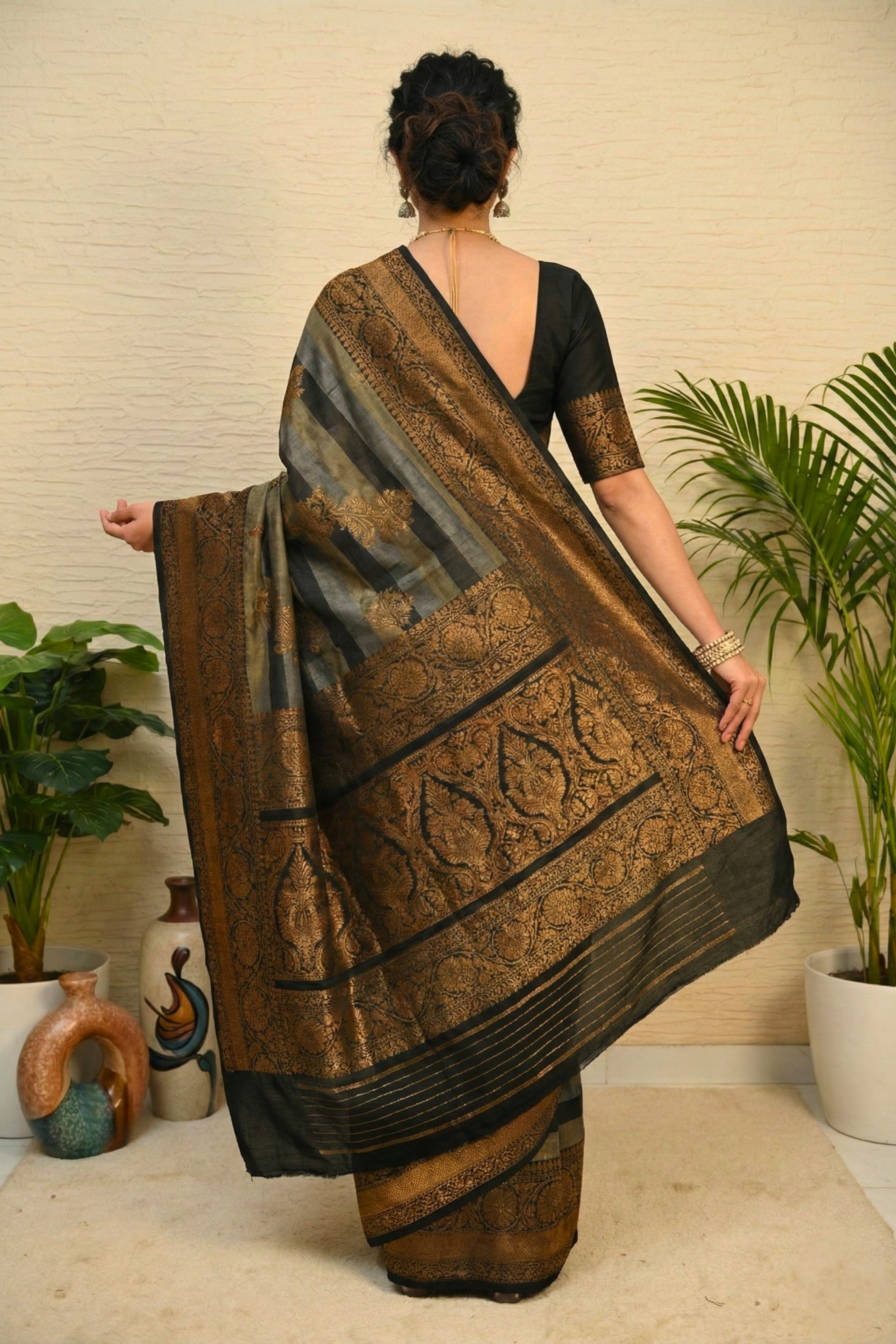 Heritage Grey & Black Striped Silk Saree with Woven Gold Border