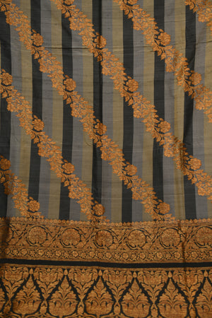 Heritage Grey & Black Striped Silk Saree with Woven Gold Border
