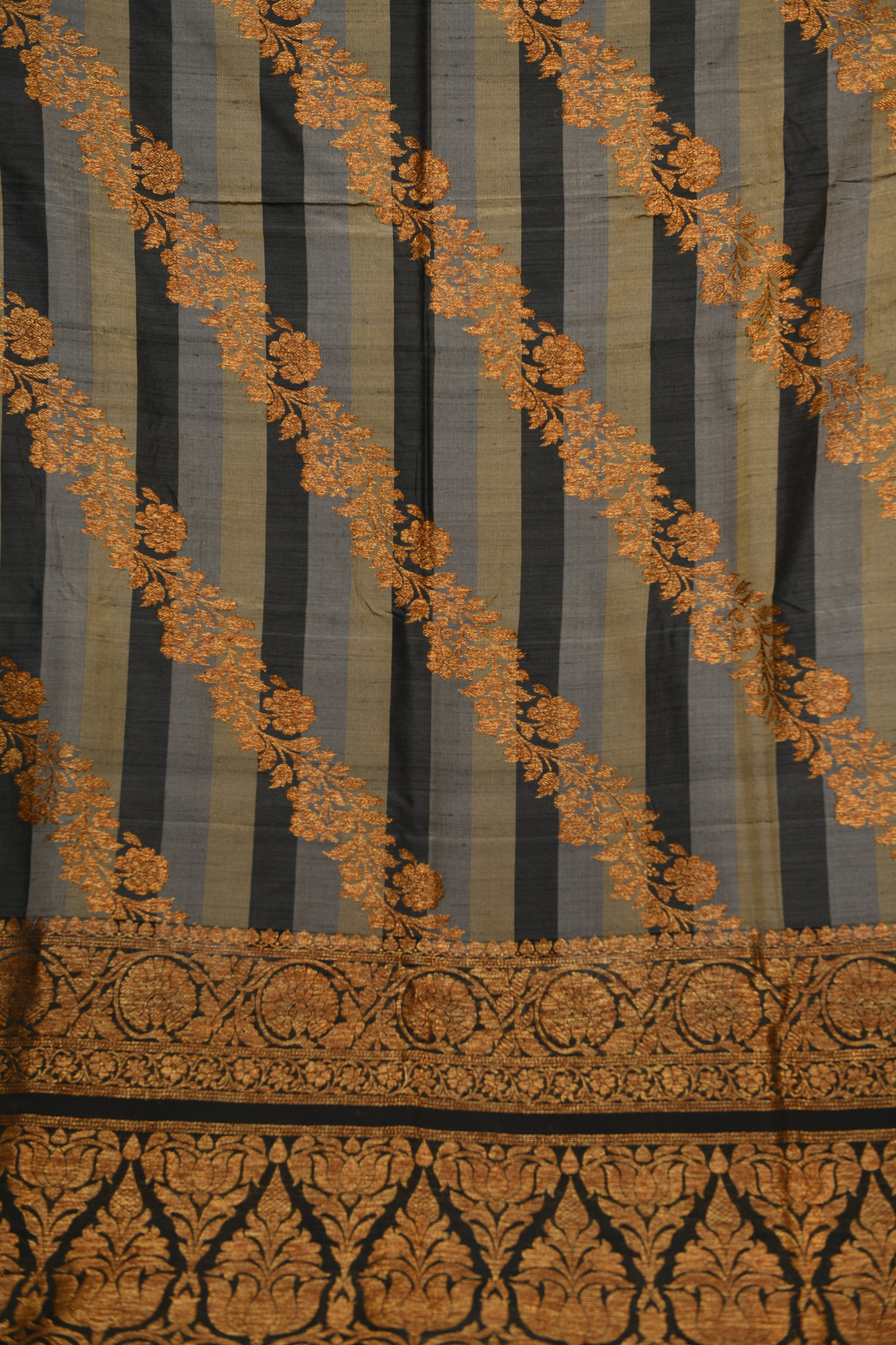 Heritage Grey & Black Striped Silk Saree with Woven Gold Border