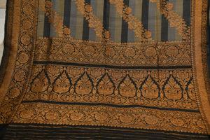 Heritage Grey & Black Striped Silk Saree with Woven Gold Border