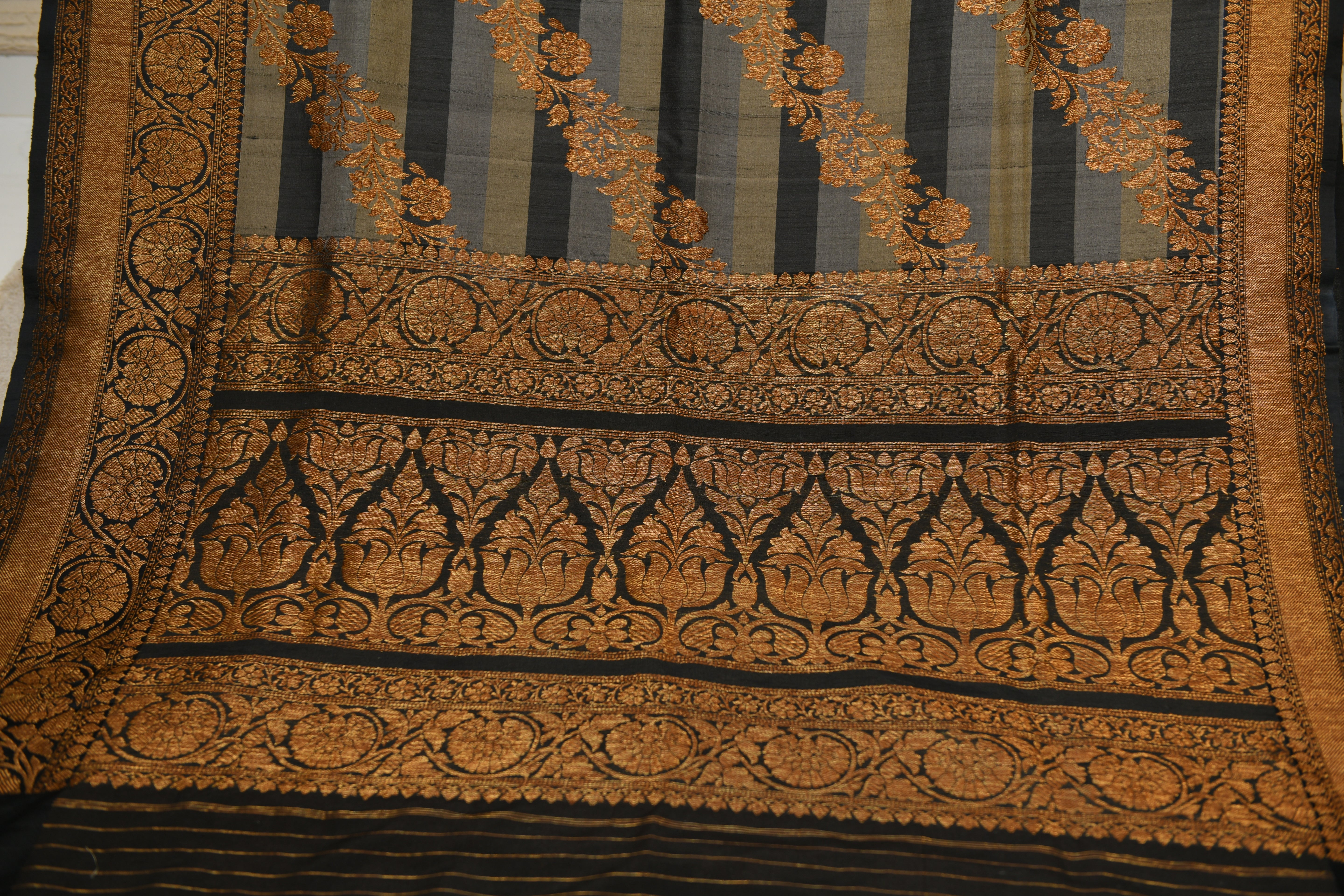 Heritage Grey & Black Striped Silk Saree with Woven Gold Border