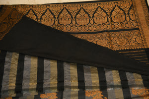 Heritage Grey & Black Striped Silk Saree with Woven Gold Border