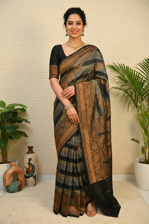 Heritage Grey & Black Striped Silk Saree with Woven Gold Border