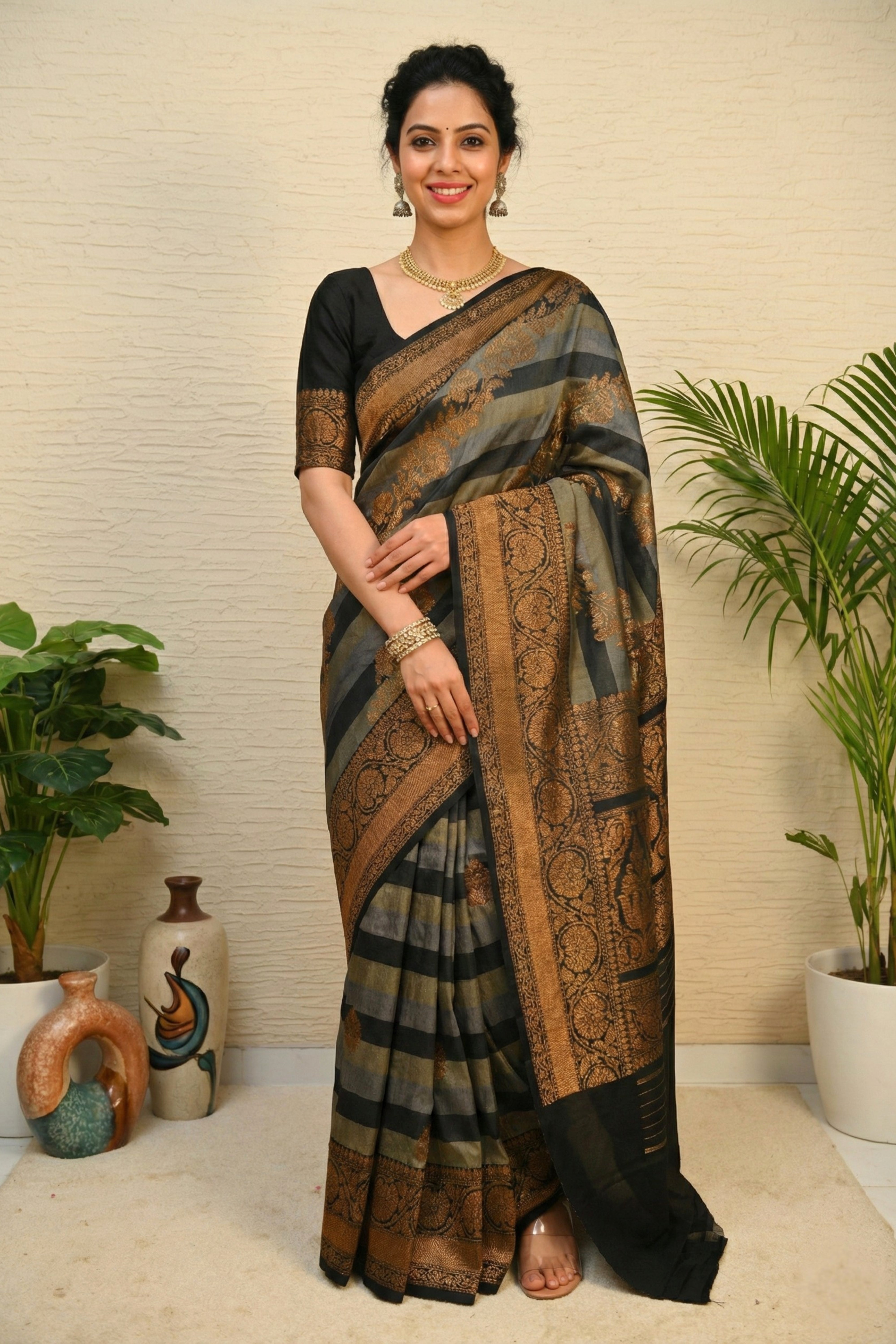 Heritage Grey & Black Striped Silk Saree with Woven Gold Border