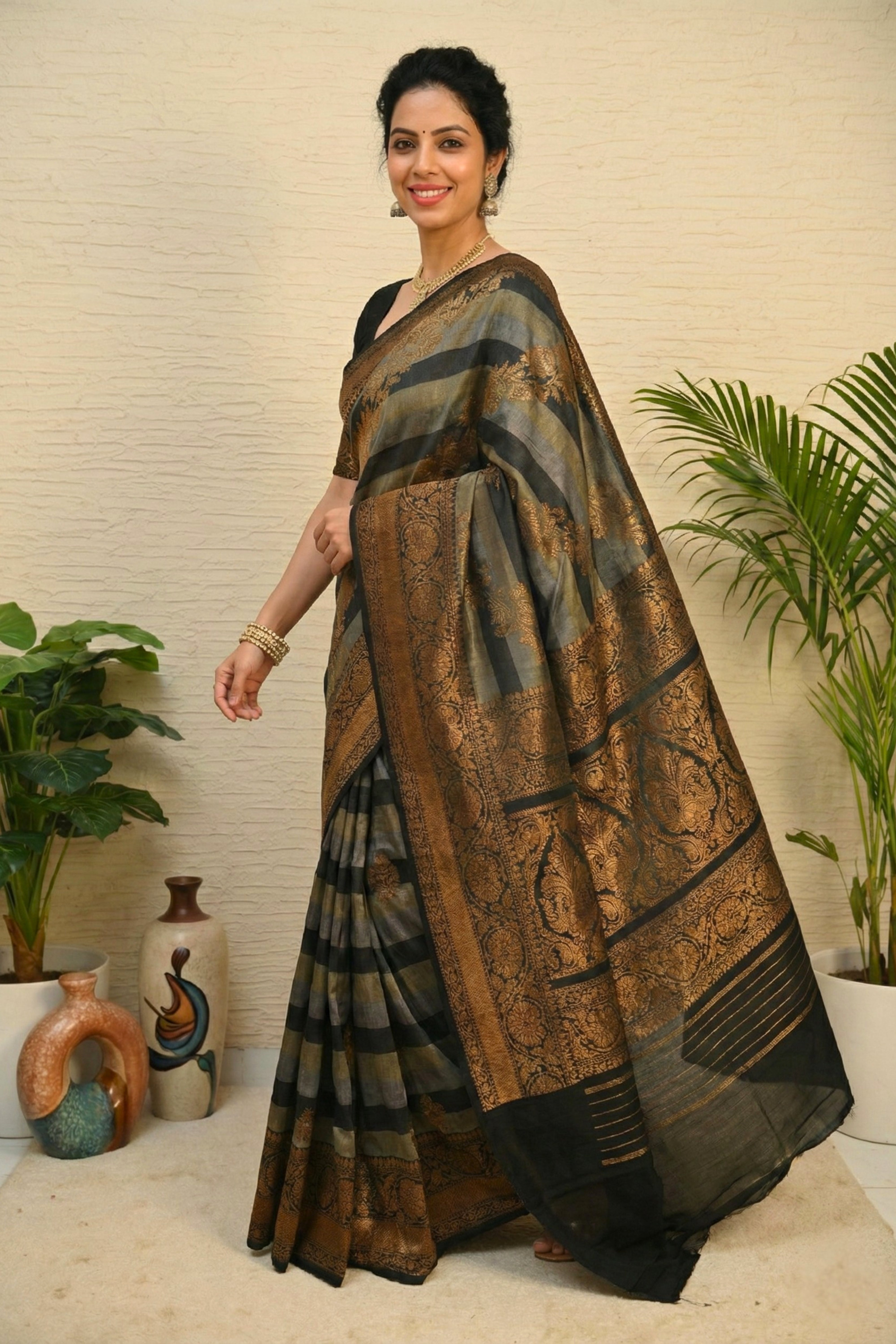 Heritage Grey & Black Striped Silk Saree with Woven Gold Border