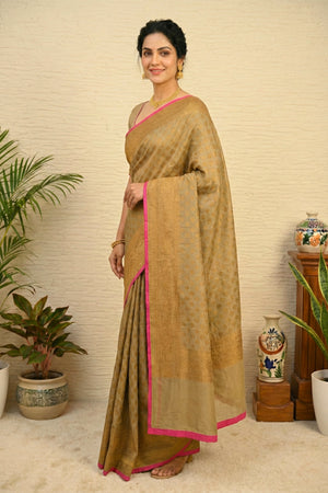 Antique Gold Banarasi Georgette Saree with Hot Pink Edging