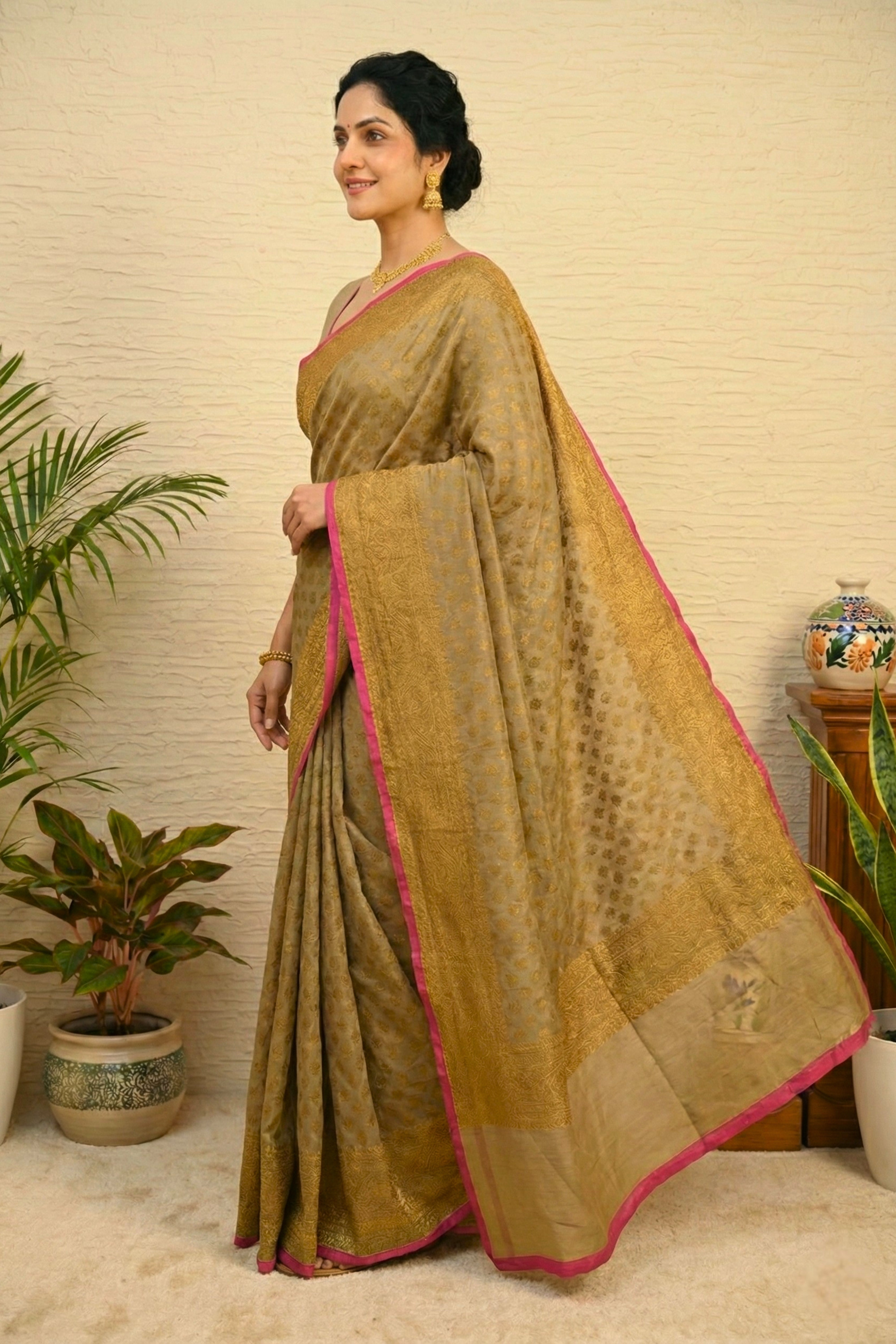Antique Gold Banarasi Georgette Saree with Hot Pink Edging