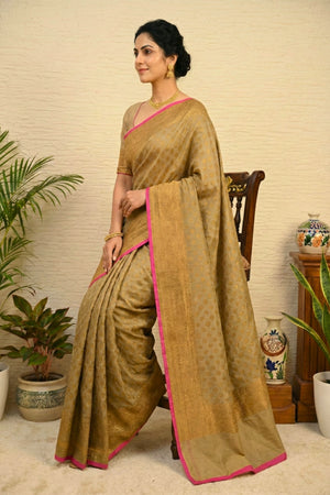Antique Gold Banarasi Georgette Saree with Hot Pink Edging