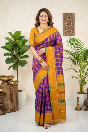 Vibrant Purple & Mustard Yellow Checked Silk Saree