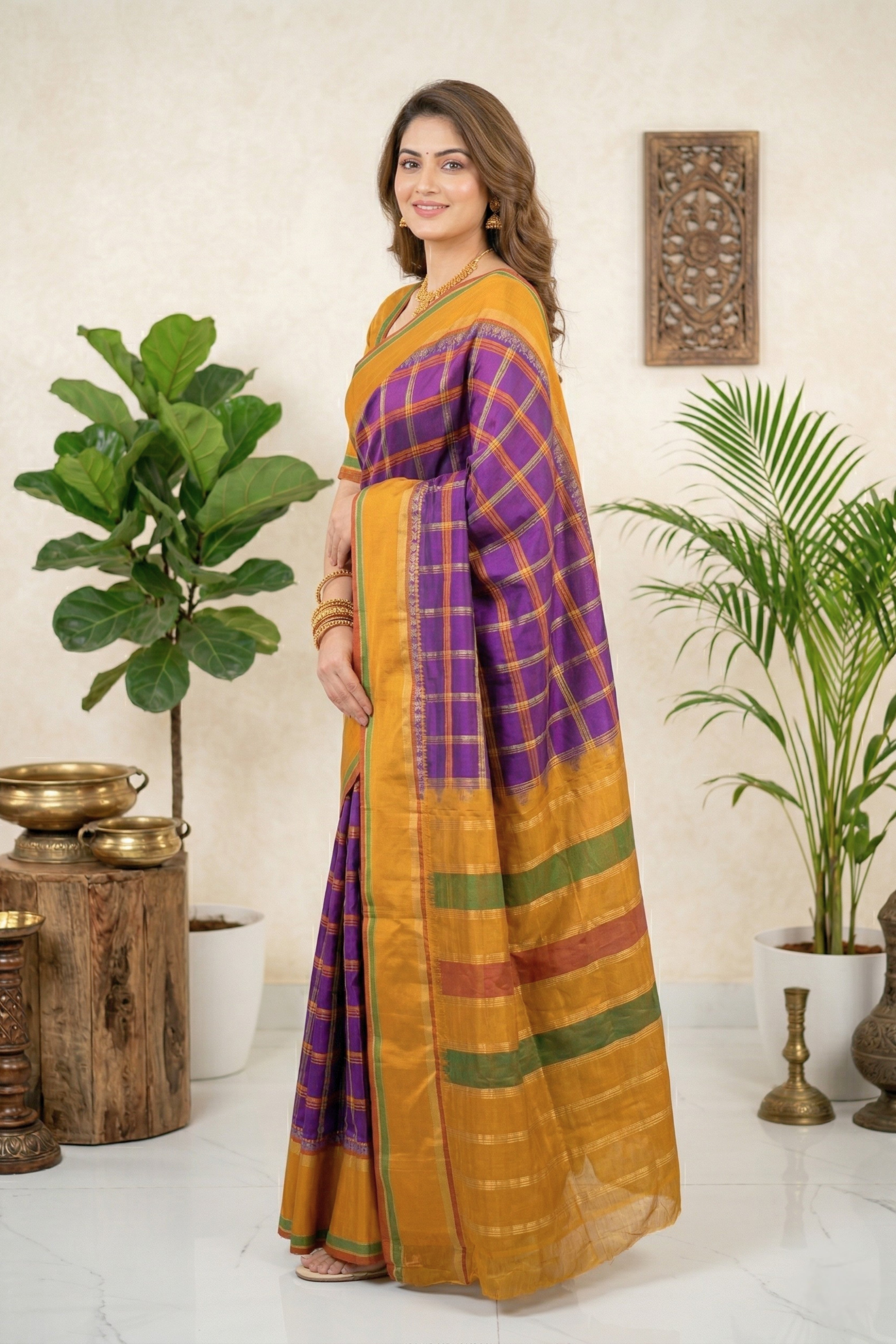 Vibrant Purple & Mustard Yellow Checked Silk Saree