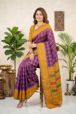 Vibrant Purple & Mustard Yellow Checked Silk Saree