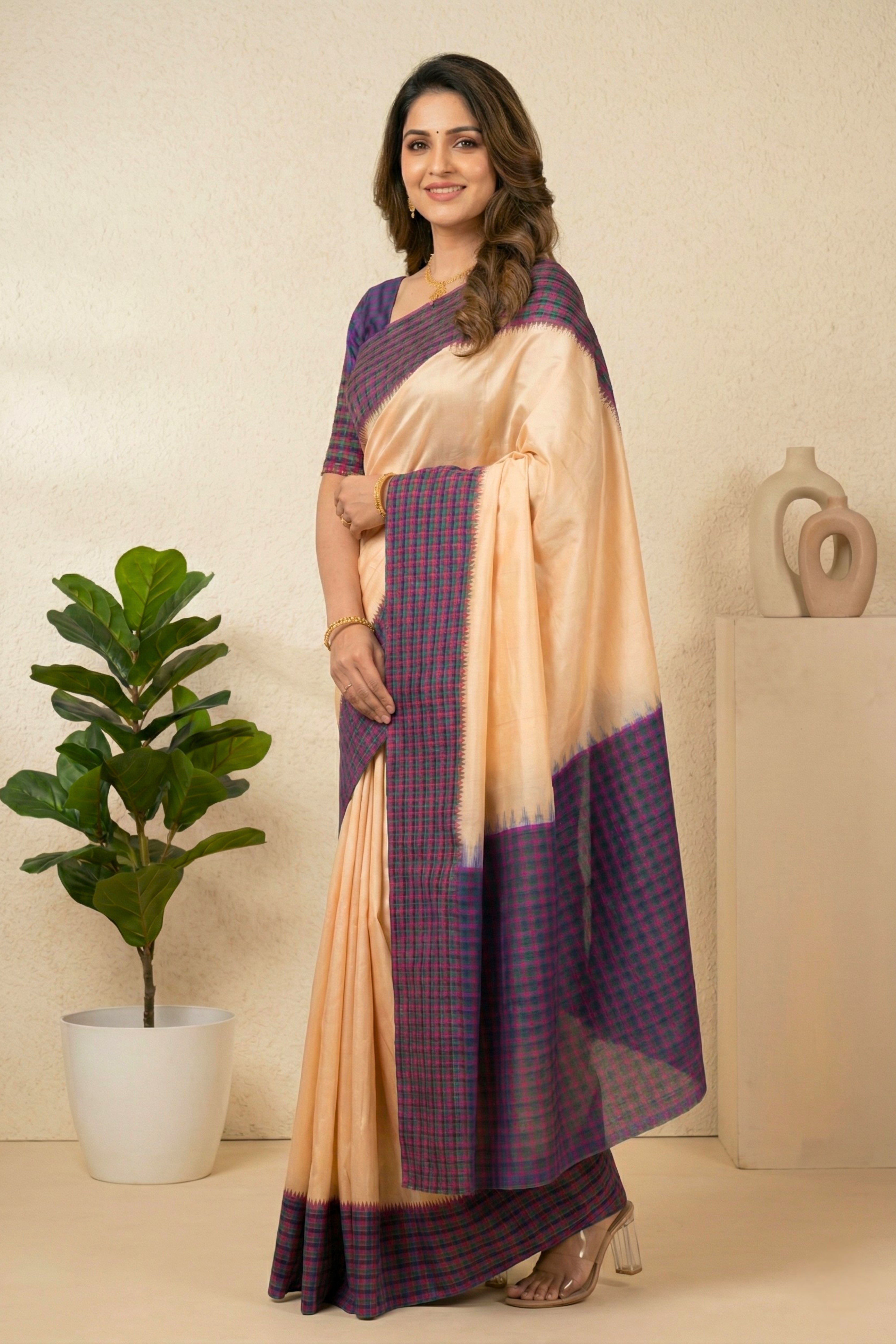 Elegant Peach Soft Silk Saree with Checkered Temple Border