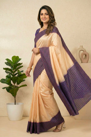 Elegant Peach Soft Silk Saree with Checkered Temple Border