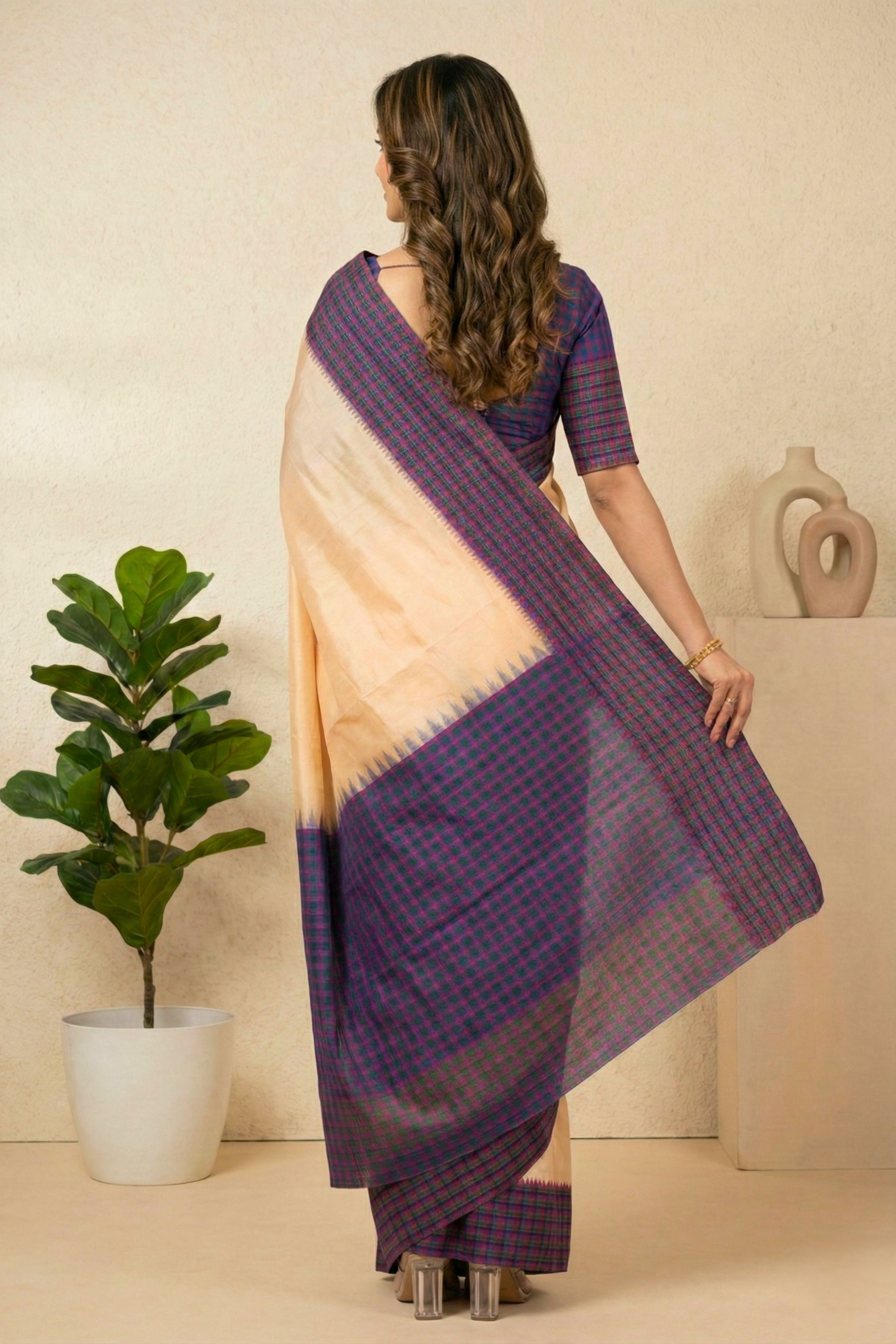 Elegant Peach Soft Silk Saree with Checkered Temple Border