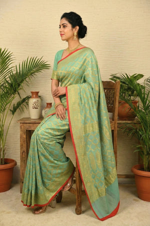 Rich Turquoise Bandani Weave Banarasi Georgette Saree