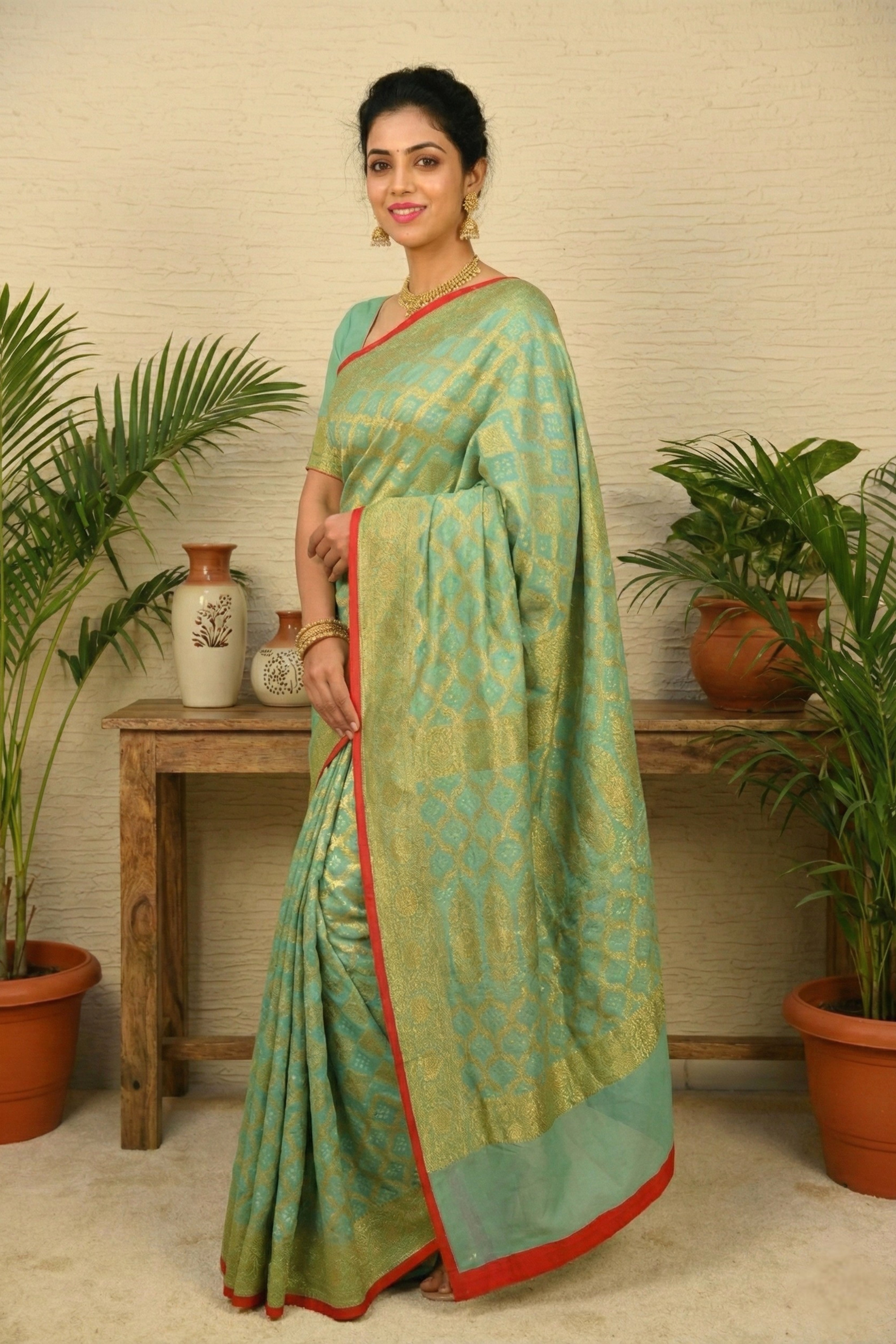 Rich Turquoise Bandani Weave Banarasi Georgette Saree