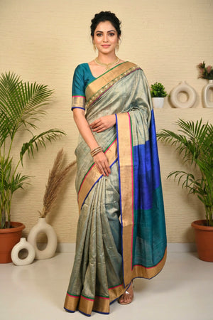 Contemporary Grey-Green Tussar Silk Saree with Royal Blue & Teal Accents