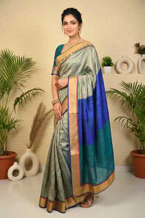 Contemporary Grey-Green Tussar Silk Saree with Royal Blue & Teal Accents