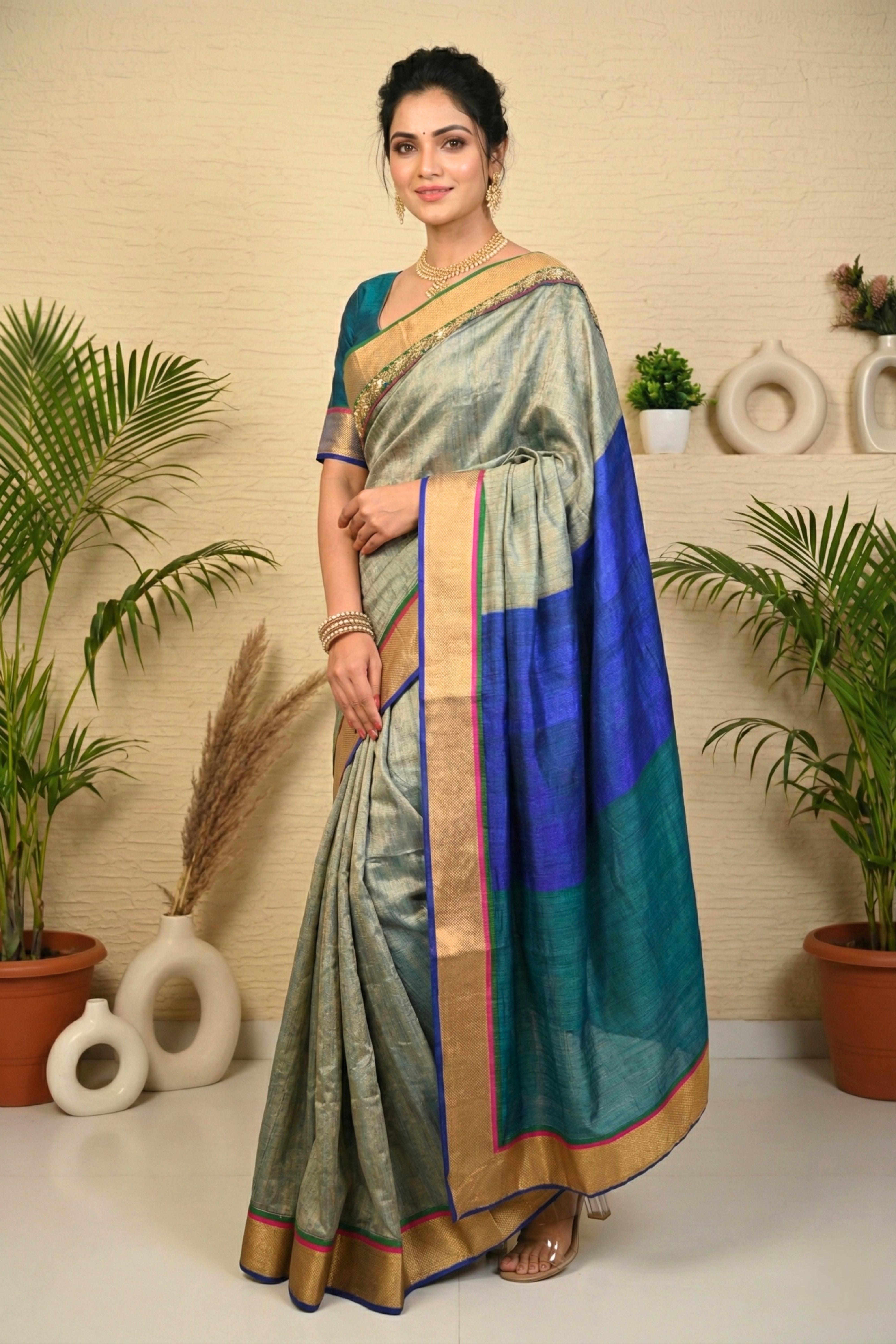 Contemporary Grey-Green Tussar Silk Saree with Royal Blue & Teal Accents