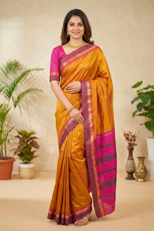 Vibrant Mustard Yellow and Magenta Silk Saree with Striped Pallu