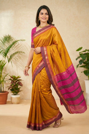 Vibrant Mustard Yellow and Magenta Silk Saree with Striped Pallu