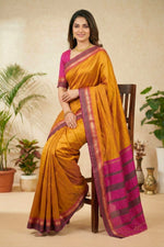 Vibrant Mustard Yellow and Magenta Silk Saree with Striped Pallu