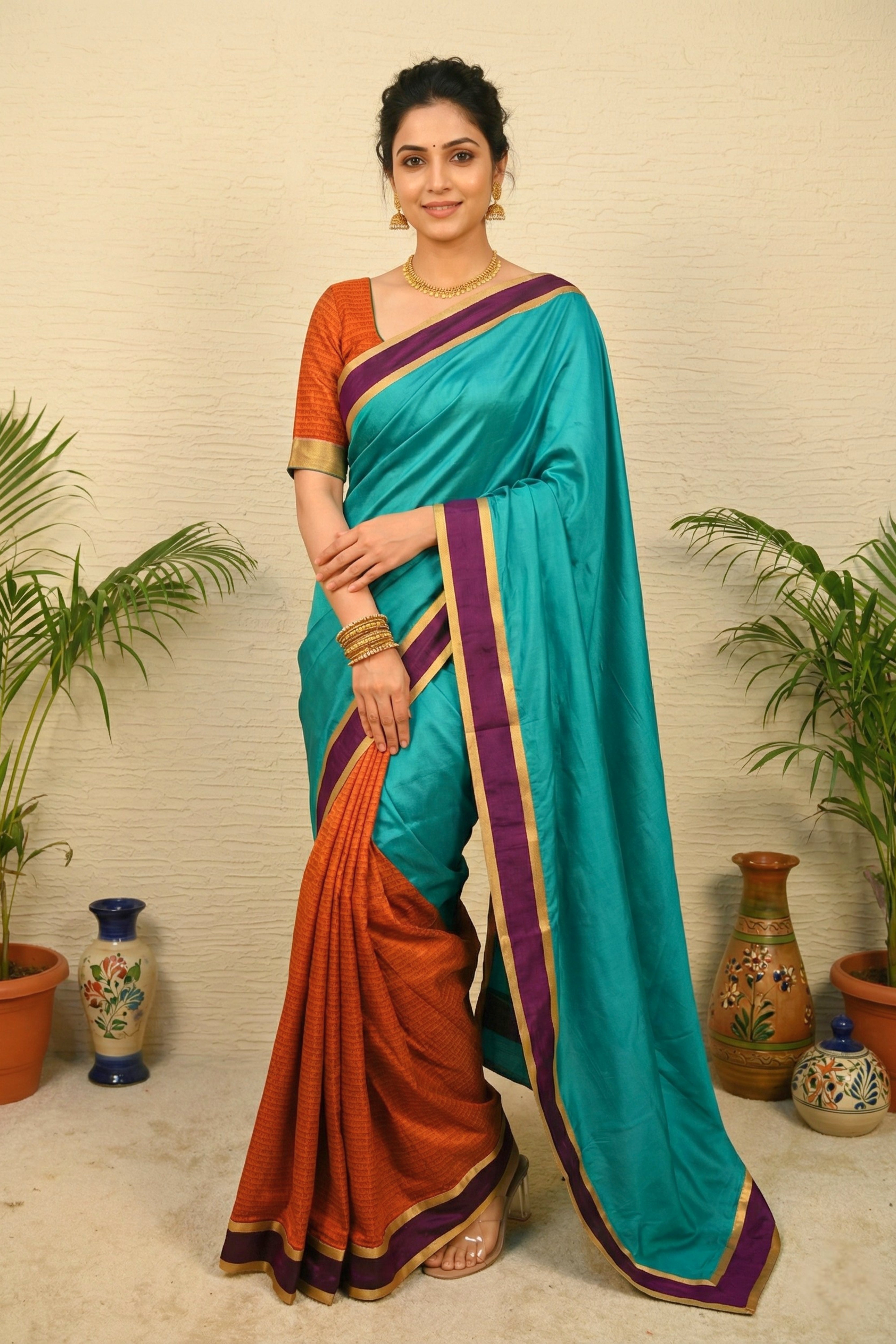Teal & Rust Dual-Tone Tanchoi Silk Saree with Script Weave