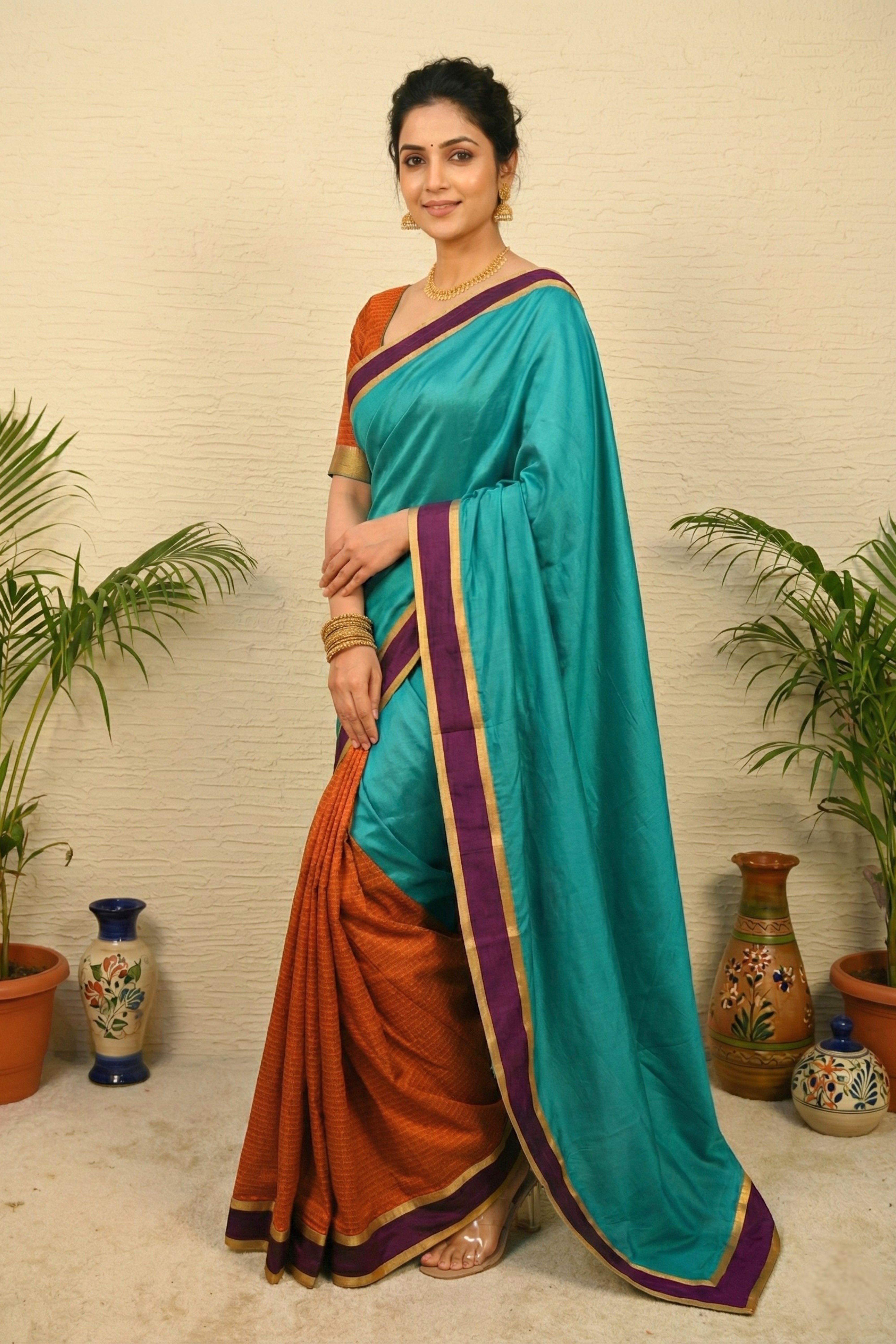 Teal & Rust Dual-Tone Tanchoi Silk Saree with Script Weave