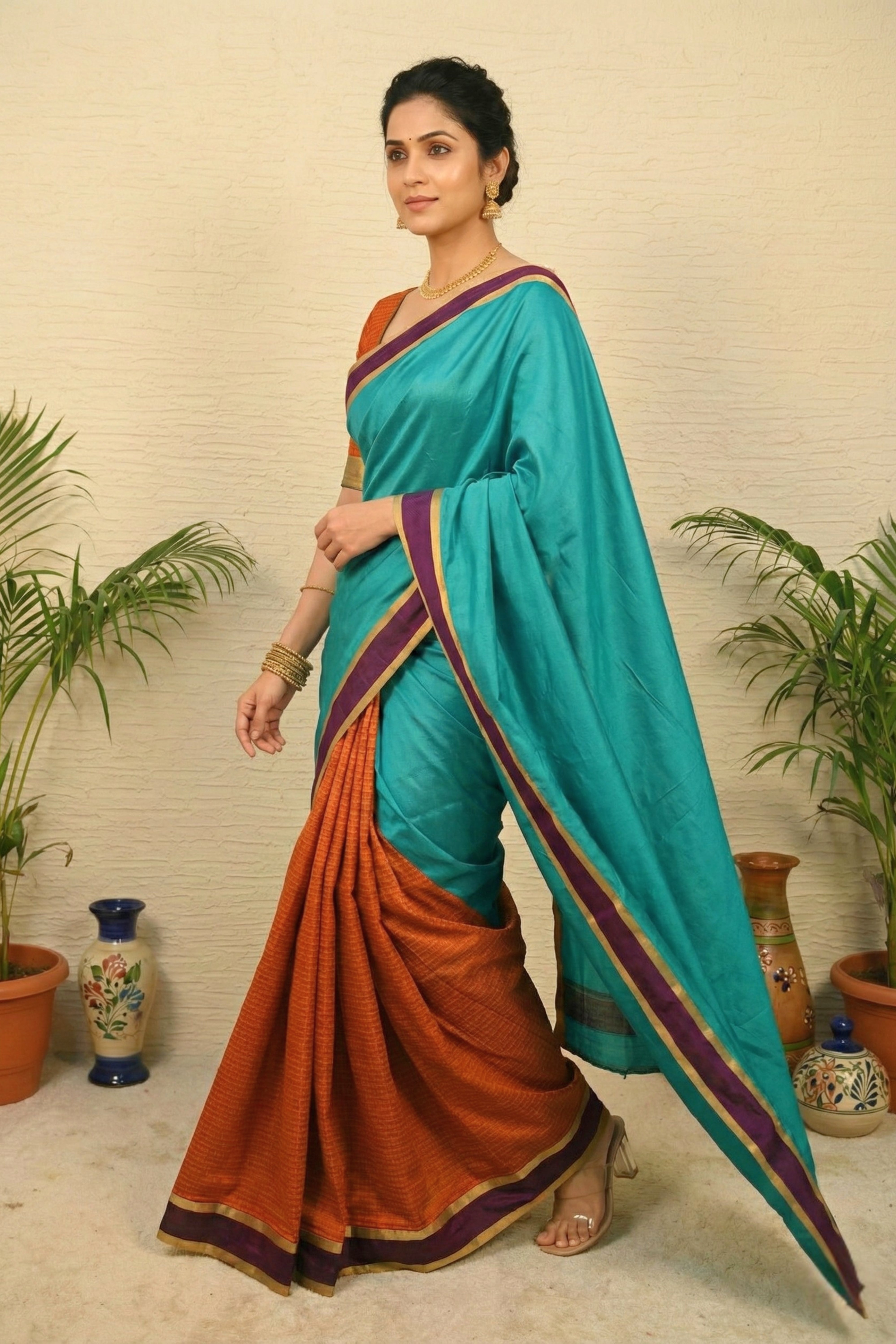 Teal & Rust Dual-Tone Tanchoi Silk Saree with Script Weave