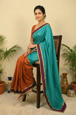 Teal & Rust Dual-Tone Tanchoi Silk Saree with Script Weave