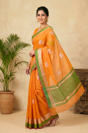 Vibrant Tangerine Orange Chanderi Saree with Zari Lotus Motifs