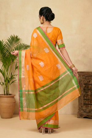 Vibrant Tangerine Orange Chanderi Saree with Zari Lotus Motifs