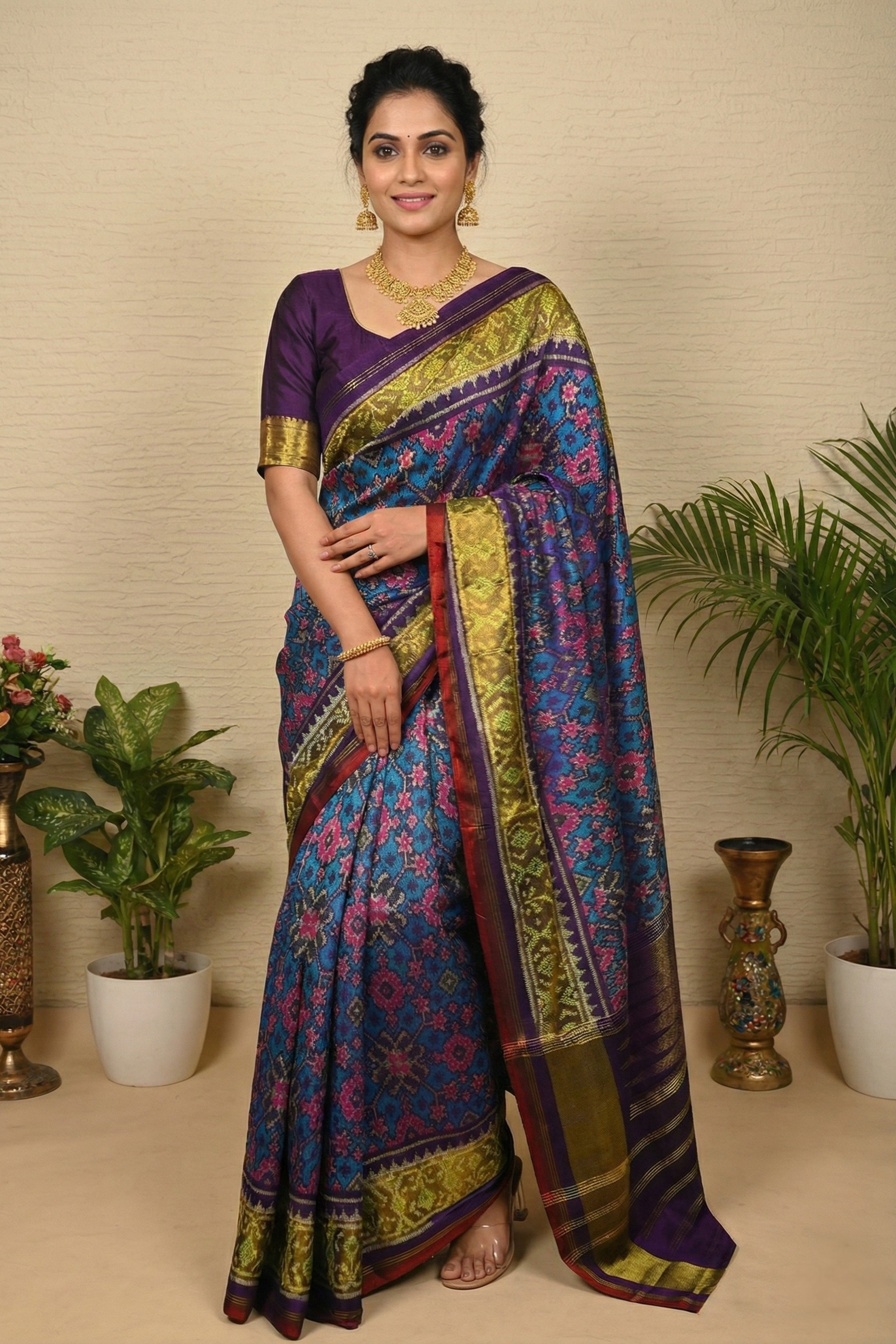 Heritage Deep Blue Patola Silk Saree with Striped Zari Pallu