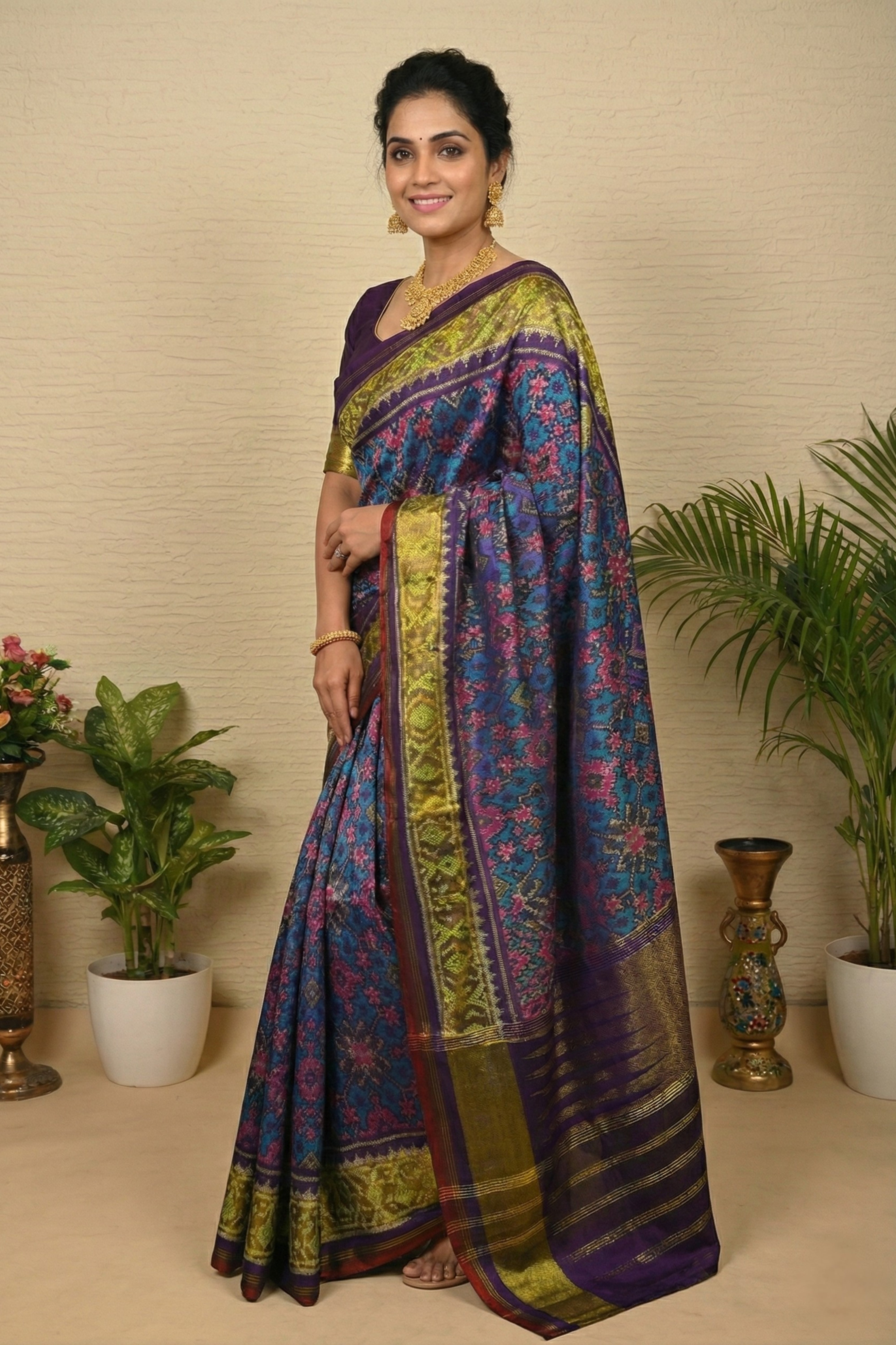 Heritage Deep Blue Patola Silk Saree with Striped Zari Pallu