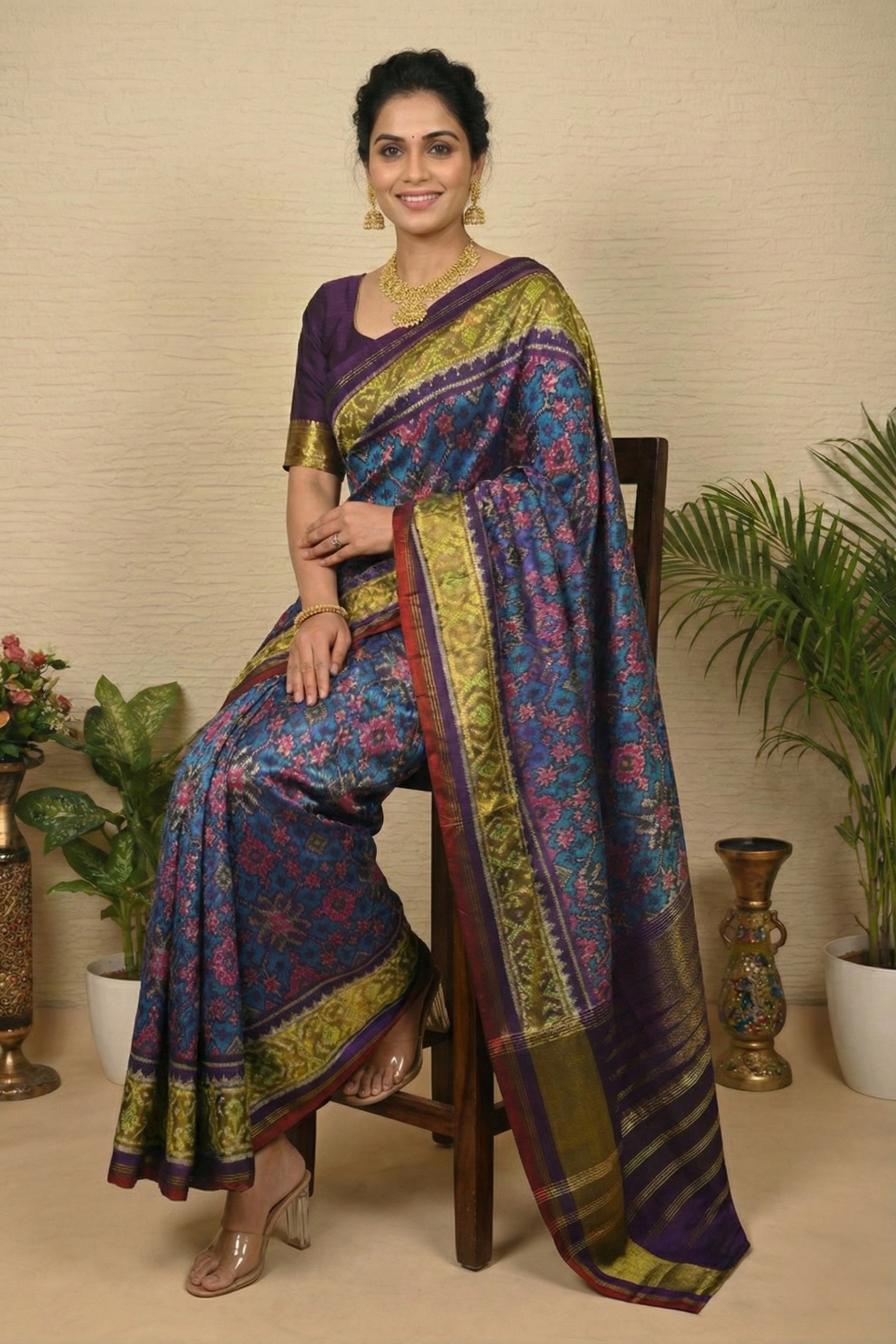 Heritage Deep Blue Patola Silk Saree with Striped Zari Pallu