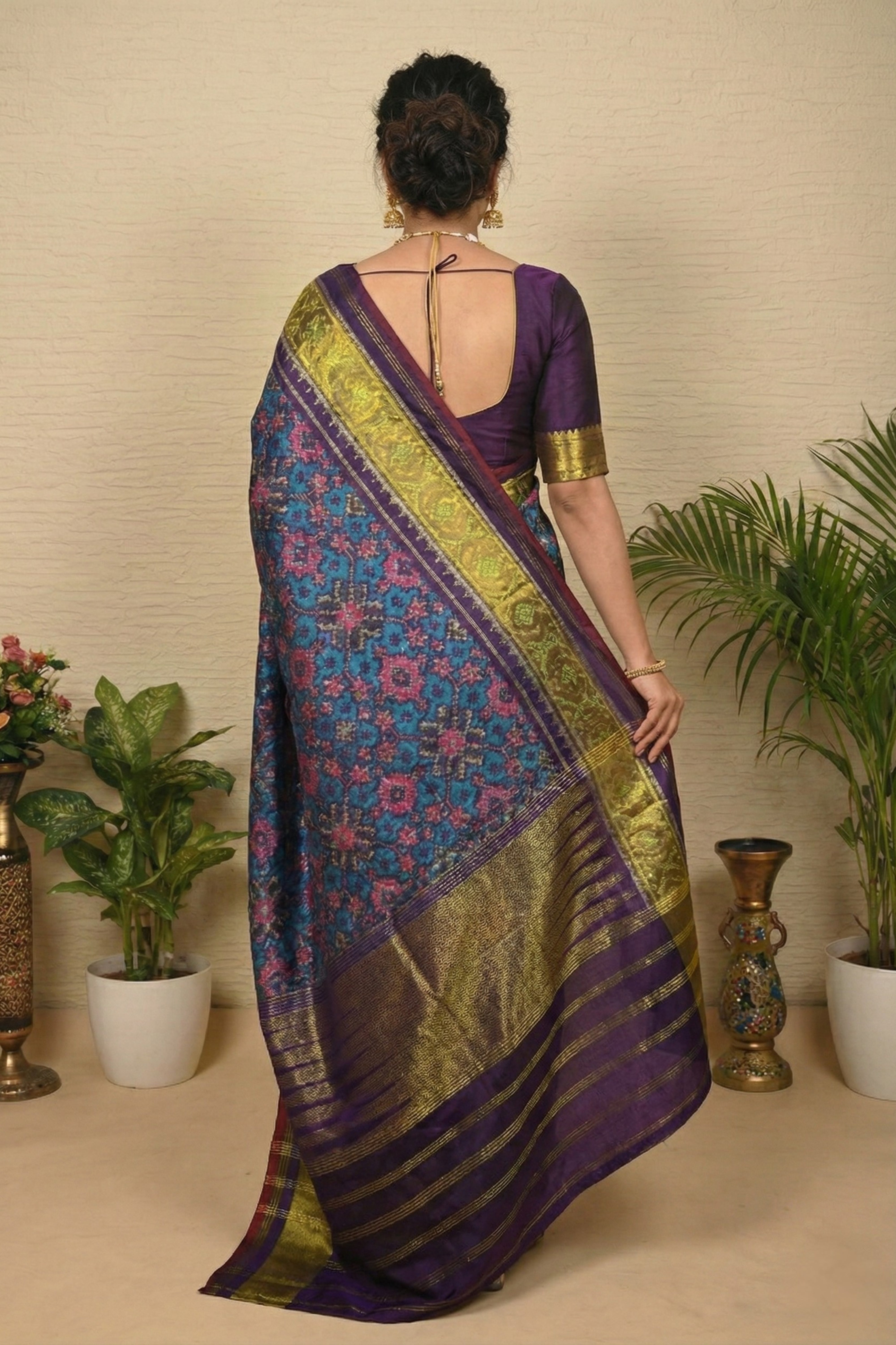 Heritage Deep Blue Patola Silk Saree with Striped Zari Pallu