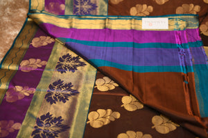 Rich Coffee Brown Soft South Silk Saree with Purple & Teal Border