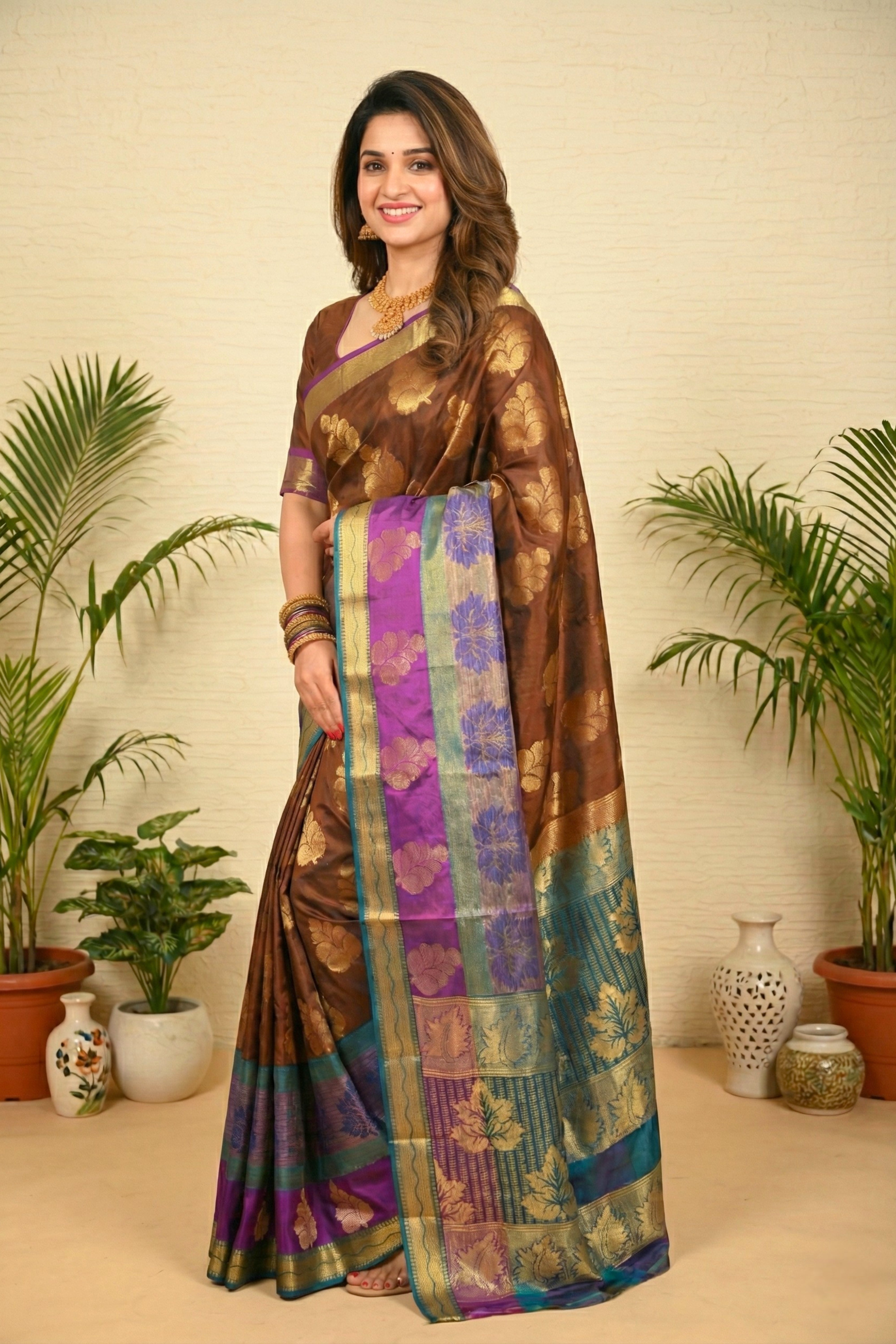 Rich Coffee Brown Soft South Silk Saree with Purple & Teal Border