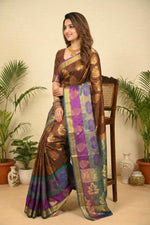Rich Coffee Brown Soft South Silk Saree with Purple & Teal Border