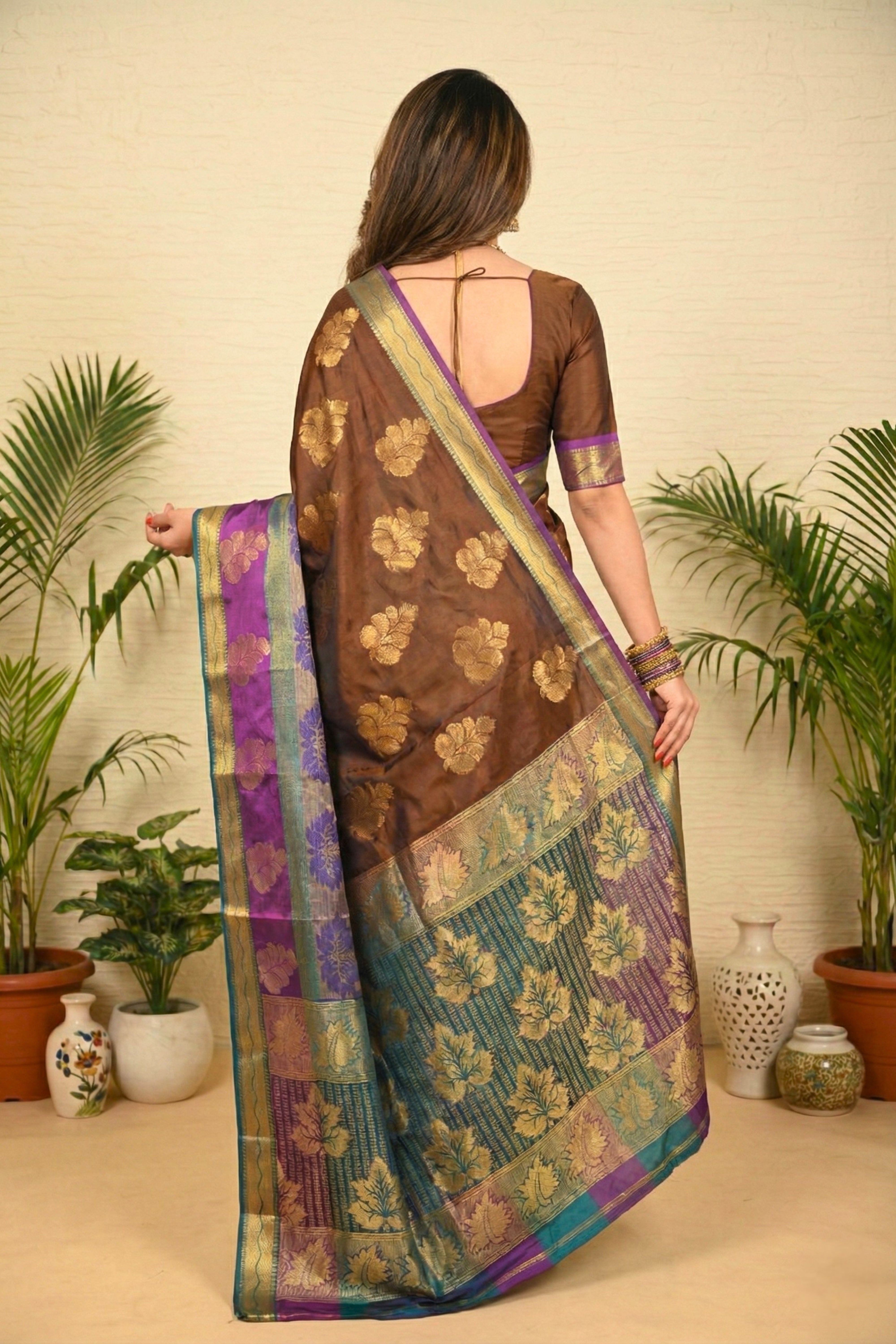 Rich Coffee Brown Soft South Silk Saree with Purple & Teal Border