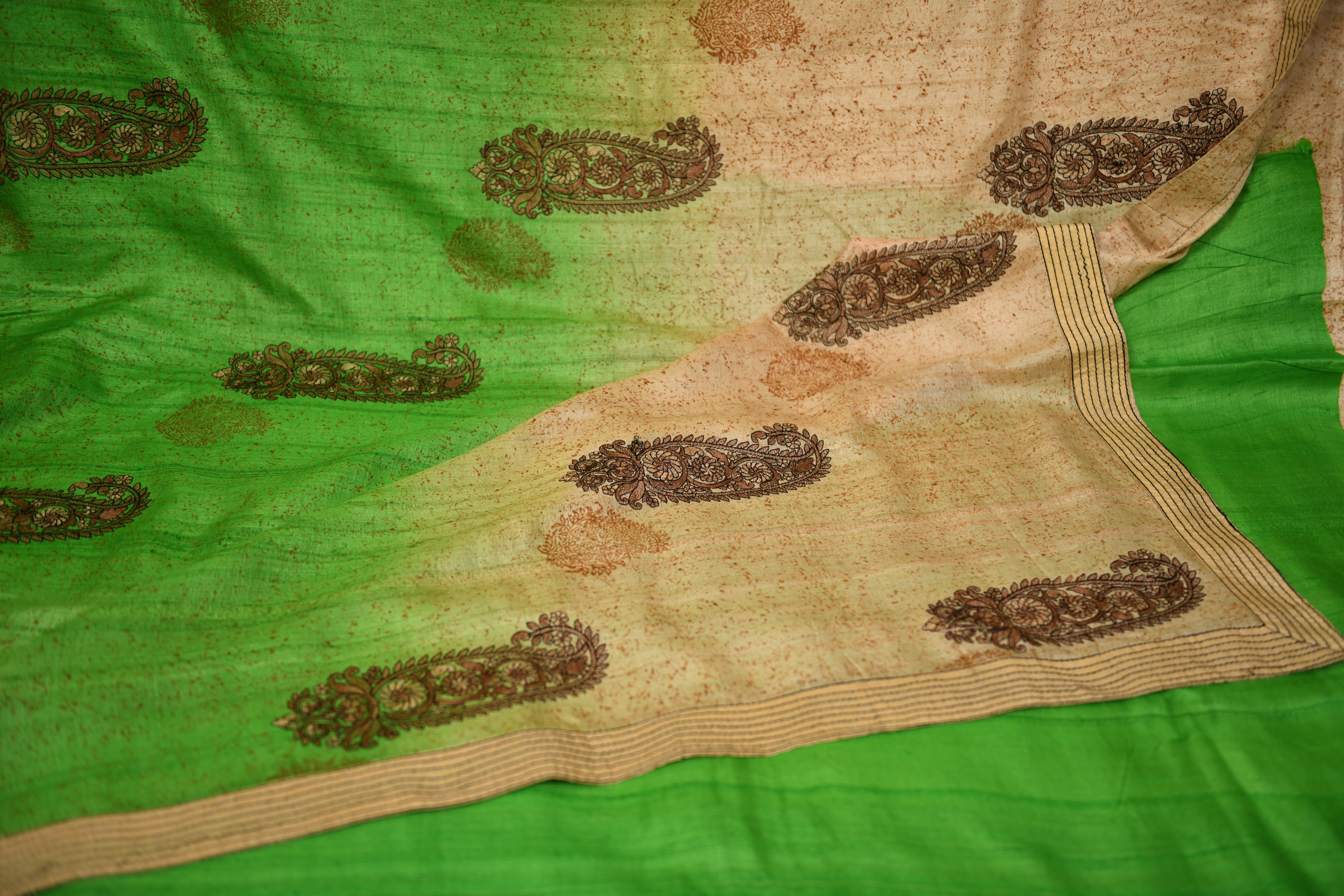 Ombre Green & Cream Pure Tussar Silk Saree