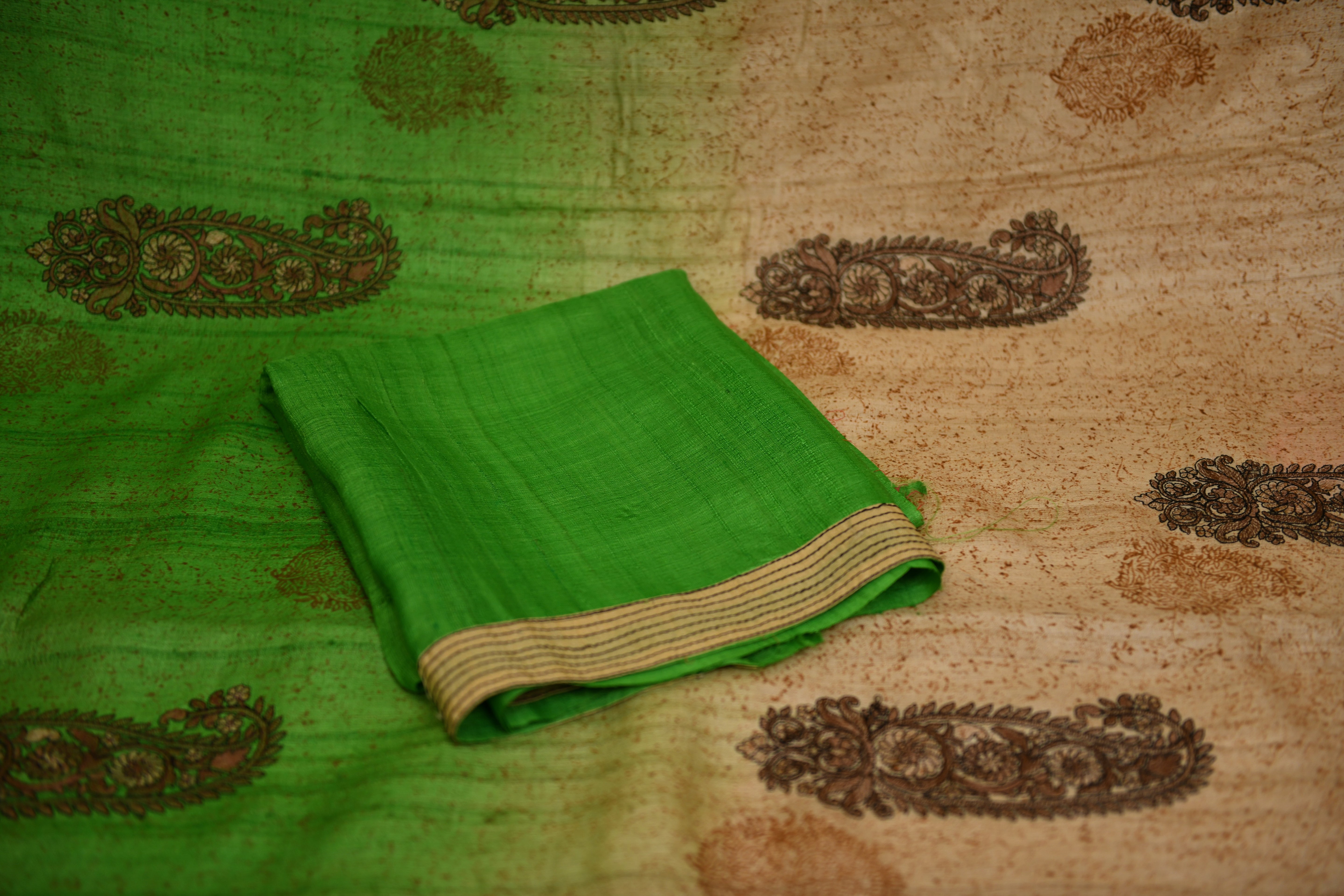 Ombre Green & Cream Pure Tussar Silk Saree