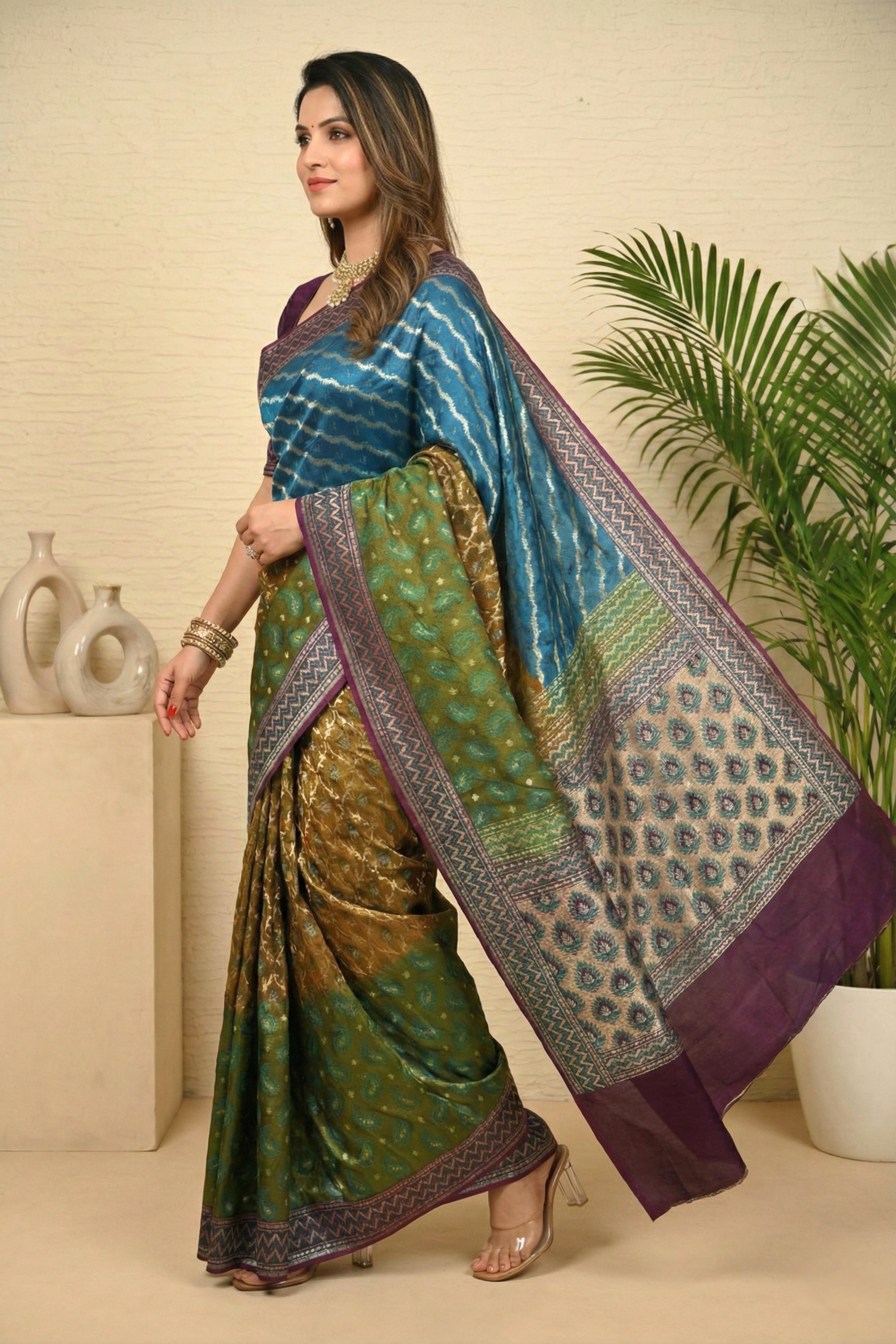 Exquisite Teal & Olive Banarasi Silk Saree with Regal Purple Border